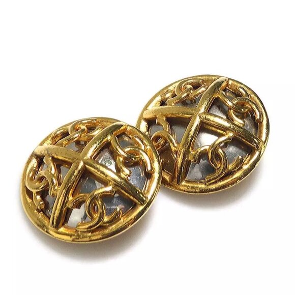 CHANEL Vintage CC Logo Clip on Earrings Gold/Silver Metal - e - Picture 1 of 9